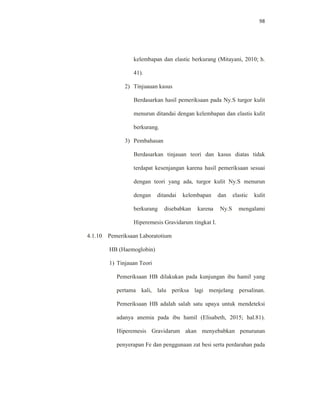98
kelembapan dan elastic berkurang (Mitayani, 2010; h.
41).
2) Tinjuauan kasus
Berdasarkan hasil pemeriksaan pada Ny.S turgor kulit
menurun ditandai dengan kelembapan dan elastis kulit
berkurang.
3) Pembahasan
Berdasarkan tinjauan teori dan kasus diatas tidak
terdapat kesenjangan karena hasil pemeriksaan sesuai
dengan teori yang ada, turgor kulit Ny.S menurun
dengan ditandai kelembapan dan elastic kulit
berkurang disebabkan karena Ny.S mengalami
Hiperemesis Gravidarum tingkat I.
4.1.10 Pemeriksaan Laboratotium
HB (Haemoglobin)
1) Tinjauan Teori
Pemeriksaan HB dilakukan pada kunjungan ibu hamil yang
pertama kali, lalu periksa lagi menjelang persalinan.
Pemeriksaan HB adalah salah satu upaya untuk mendeteksi
adanya anemia pada ibu hamil (Elisabeth, 2015; hal.81).
Hiperemesis Gravidarum akan menyebabkan penurunan
penyerapan Fe dan penggunaan zat besi serta perdarahan pada
 