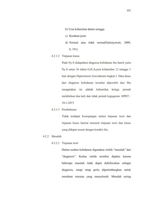 101
b) Usia kehamilan dalam minggu
c) Keadaan janin
d) Normal atau tidak normal(Sulistyawati, 2009;
h. 191).
4.2.1.2 Tinjauan kasus
Pada Ny.S didapatkan diagnosa kebidanan ibu hamil yaitu
Ny.S umur 36 tahun G3P2A0usia kehamilan 12 minggu 3
hari dengan Hiperemesis Gravidarum tingkat I. Data dasar
dari diagnosa kebidanan tersebut diperoleh dari Ibu
mengatakan ini adalah kehamilan ketiga, pernah
melahirkan dua kali dan tidak pernah keguguran. HPHT :
10-1-2015
4.2.1.3 Pembahasan
Tidak terdapat kesenjangan antara tinjauan teori dan
tinjauan kasus karena menurut tinjauan teori dan kasus
yang didapat sesuai dengan kondisi ibu.
4.2.2 Masalah
4.2.2.1 Tinjauan teori
Dalam asuhan kebidanan digunakan istilah “masalah” dan
“diagnosis”. Kedua istilah tersebut dipakai karena
beberapa masalah tidak dapat didefinisikan sebagai
diagnosis, tetapi tetap perlu dipertimbangkan untuk
membuat rencana yang menyeluruh. Masalah sering
 