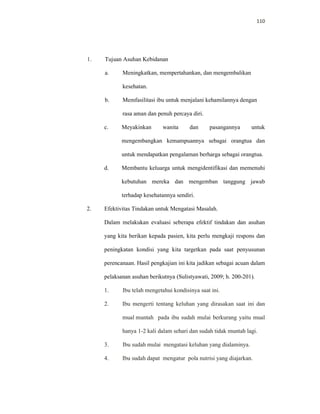 110
1. Tujuan Asuhan Kebidanan
a. Meningkatkan, mempertahankan, dan mengembalikan
kesehatan.
b. Memfasilitasi ibu untuk menjalani kehamilannya dengan
rasa aman dan penuh percaya diri.
c. Meyakinkan wanita dan pasangannya untuk
mengembangkan kemampuannya sebagai orangtua dan
untuk mendapatkan pengalaman berharga sebagai orangtua.
d. Membantu keluarga untuk mengidentifikasi dan memenuhi
kebutuhan mereka dan mengemban tanggung jawab
terhadap kesehatannya sendiri.
2. Efektivitas Tindakan untuk Mengatasi Masalah.
Dalam melakukan evaluasi seberapa efektif tindakan dan asuhan
yang kita berikan kepada pasien, kita perlu mengkaji respons dan
peningkatan kondisi yang kita targetkan pada saat penyusunan
perencanaan. Hasil pengkajian ini kita jadikan sebagai acuan dalam
pelaksanan asuhan berikutnya (Sulistyawati, 2009; h. 200-201).
1. Ibu telah mengetahui kondisinya saat ini.
2. Ibu mengerti tentang keluhan yang dirasakan saat ini dan
mual muntah pada ibu sudah mulai berkurang yaitu mual
hanya 1-2 kali dalam sehari dan sudah tidak muntah lagi.
3. Ibu sudah mulai mengatasi keluhan yang dialaminya.
4. Ibu sudah dapat mengatur pola nutrisi yang diajarkan.
 