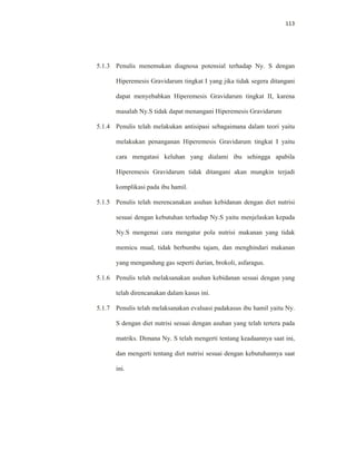 113
5.1.3 Penulis menemukan diagnosa potensial terhadap Ny. S dengan
Hiperemesis Gravidarum tingkat I yang jika tidak segera ditangani
dapat menyebabkan Hiperemesis Gravidarum tingkat II, karena
masalah Ny.S tidak dapat menangani Hiperemesis Gravidarum
5.1.4 Penulis telah melakukan antisipasi sebagaimana dalam teori yaitu
melakukan penanganan Hiperemesis Gravidarum tingkat I yaitu
cara mengatasi keluhan yang dialami ibu sehingga apabila
Hiperemesis Gravidarum tidak ditangani akan mungkin terjadi
komplikasi pada ibu hamil.
5.1.5 Penulis telah merencanakan asuhan kebidanan dengan diet nutrisi
sesuai dengan kebutuhan terhadap Ny.S yaitu menjelaskan kepada
Ny.S mengenai cara mengatur pola nutrisi makanan yang tidak
memicu mual, tidak berbumbu tajam, dan menghindari makanan
yang mengandung gas seperti durian, brokoli, asfaragus.
5.1.6 Penulis telah melaksanakan asuhan kebidanan sesuai dengan yang
telah direncanakan dalam kasus ini.
5.1.7 Penulis telah melaksanakan evaluasi padakasus ibu hamil yaitu Ny.
S dengan diet nutrisi sesuai dengan asuhan yang telah tertera pada
matriks. Dimana Ny. S telah mengerti tentang keadaannya saat ini,
dan mengerti tentang diet nutrisi sesuai dengan kebutuhannya saat
ini.
 