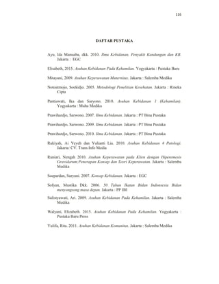 116
DAFTAR PUSTAKA
Ayu, Ida Manuaba, dkk. 2010. Ilmu Kebidanan, Penyakit Kandungan dan KB.
Jakarta : EGC
Elisabeth, 2015. Asuhan Kebidanan Pada Kehamilan. Yogyakarta : Pustaka Baru
Mitayani, 2009. Asuhan Keperawatan Maternitas. Jakarta : Salemba Medika
Notoatmojo, Soekidjo. 2005. Metodologi Penelitian Kesehatan. Jakarta : Rineka
Cipta
Pantiawati, Ika dan Saryono. 2010. Asuhan Kebidanan 1 (Kehamilan).
Yogyakarta : Muha Medika
Prawihardjo, Sarwono. 2007. Ilmu Kebidanan. Jakarta : PT Bina Pustaka
Prawihardjo, Sarwono. 2009. Ilmu Kebidanan. Jakarta : PT Bina Pustaka
Prawihardjo, Sarwono. 2010. Ilmu Kebidanan. Jakarta : PT Bina Pustaka
Rukiyah, Ai Yeyeh dan Yulianti Lia. 2010. Asuhan Kebidanan 4 Patologi.
Jakarta: CV. Trans Info Media
Runiari, Nengah 2010. Asuhan Keperawatan pada Klien dengan Hiperemesis
Gravidarum;Penerapan Konsep dan Teori Keperawatan. Jakarta : Salemba
Medika
Soepardan, Suryani. 2007. Konsep Kebidanan. Jakarta : EGC
Sofyan, Mustika Dkk. 2006. 50 Tahun Ikatan Bidan Indonsesia Bidan
menyongsong masa depan. Jakarta : PP IBI
Sulistyawati, Ari. 2009. Asuhan Kebidanan Pada Kehamilan. Jakarta : Salemba
Medika
Walyani, Elizabeth. 2015. Asuhan Kebidanan Pada Kehamilan. Yogyakarta :
Pustaka Baru Press
Yulifa, Rita. 2011. Asuhan Kebidanan Komunitas. Jakarta : Salemba Medika
 