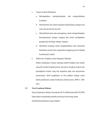 62
1. Tujuan Asuhan Kebidanan
a. Meningkatkan, mempertahankan, dan mengembalikan
kesehatan.
b. Memfasilitasi ibu untuk menjalani kehamilannya dengan rasa
aman dan penuh percaya diri.
c. Meyakinkanwanita dan pasangannya untuk mengembangkan
kemampuannya sebagai orangtua dan untuk mendapatkan
pengalaman berharga sebagai orangtua.
d. Membantu keluarga untuk mengidentifikasi dan memenuhi
kebutuhan mereka dan mengemban tanggung jawab terhadap
kesehatannya sendiri.
2. Efektivitas Tindakan untuk Mengatasi Masalah.
Dalam melakukan evaluasi seberapa efektif tindakan dan asuhan
yang kita berikan kepada pasien, kita perlu mengkaji respons dan
peningkatan kondisi yang kita targetkan pada saat penyusunan
perencanaan. Hasil pengkajian ini kita jadikan sebagai acuan
dalam pelaksanan asuhan berikutnya (Sulistyawati, 2009; h. 200-
201).
2.3 Teori Landasan Hukum
Sesuai Keputusan Menteri Kesehatan RI No.900/menkes/SK/VII/2002
bidan dalam menjalankan praktik profesinya berwenang untuk
memberikan pelayanan yang meliputi:
 