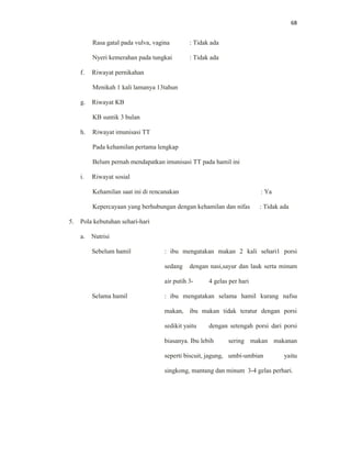 68
Rasa gatal pada vulva, vagina : Tidak ada
Nyeri kemerahan pada tungkai : Tidak ada
f. Riwayat pernikahan
Menikah 1 kali lamanya 13tahun
g. Riwayat KB
KB suntik 3 bulan
h. Riwayat imunisasi TT
Pada kehamilan pertama lengkap
Belum pernah mendapatkan imunisasi TT pada hamil ini
i. Riwayat sosial
Kehamilan saat ini di rencanakan : Ya
Kepercayaan yang berhubungan dengan kehamilan dan nifas : Tidak ada
5. Pola kebutuhan sehari-hari
a. Nutrisi
Sebelum hamil : ibu mengatakan makan 2 kali sehari1 porsi
sedang dengan nasi,sayur dan lauk serta minum
air putih 3- 4 gelas per hari
Selama hamil : ibu mengatakan selama hamil kurang nafsu
makan, ibu makan tidak teratur dengan porsi
sedikit yaitu dengan setengah porsi dari porsi
biasanya. Ibu lebih sering makan makanan
seperti biscuit, jagung, umbi-umbian yaitu
singkong, mantang dan minum 3-4 gelas perhari.
 