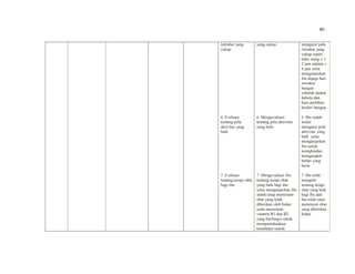 85
istirahat yang
cukup.
6. Evaluasi
tentang pola
aktivitas yang
baik.
7. Evaluasi
tentang terapi obat
bagi ibu.
yang cukup.
6. Mengevaluasi
tentang pola aktivitas
yang baik.
7. Mengevaluasi ibu
tentang terapi obat
yang baik bagi ibu
yaitu menganjurkan ibu
untuk tetap meminum
obat yang telah
diberikan oleh bidan
yaitu meminum
vitamin B1 dan B2
yang berfungsi untuk
mempertahankan
kesehatan syaraf,
mengatur pola
istirahat yang
cukup sepeti
tidur siang ± 1-
2 jam malam ±
8 jam serta
menganjurkan
ibu dipagi hari
sewaktu
bangun
cobalah duduk
dahulu dan
baru perlahan
berdiri bangun.
6. Ibu sudah
mulai
mengatur pola
aktivitas yang
baik yaitu
menganjurkan
ibu untuk
menghindari
mengangkat
beban yang
berat.
7. Ibu telah
mengerti
tentang terapi
obat yang baik
bagi ibu dan
ibu telah rutin
meminum obat
yang diberikan
bidan.
 