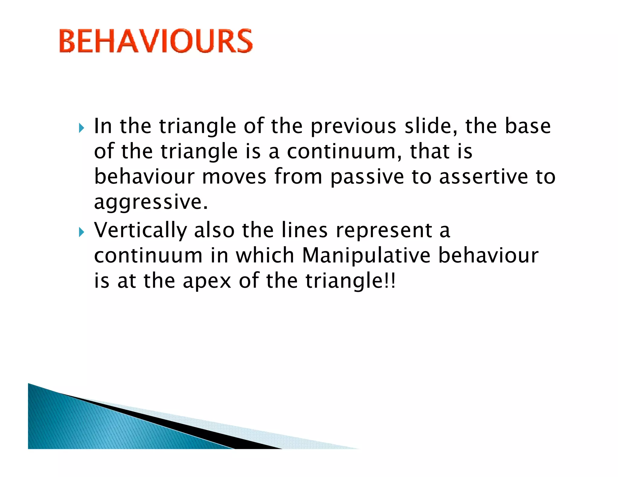 In the triangle of the previous slide, the base
of the triangle is a continuum that is
                     continuum,
behaviour moves from passive to assertive to
aggressive.
Vertically also the lines represent a
continuum in which Manipulative behaviour
is at the apex of the triangle!!
 