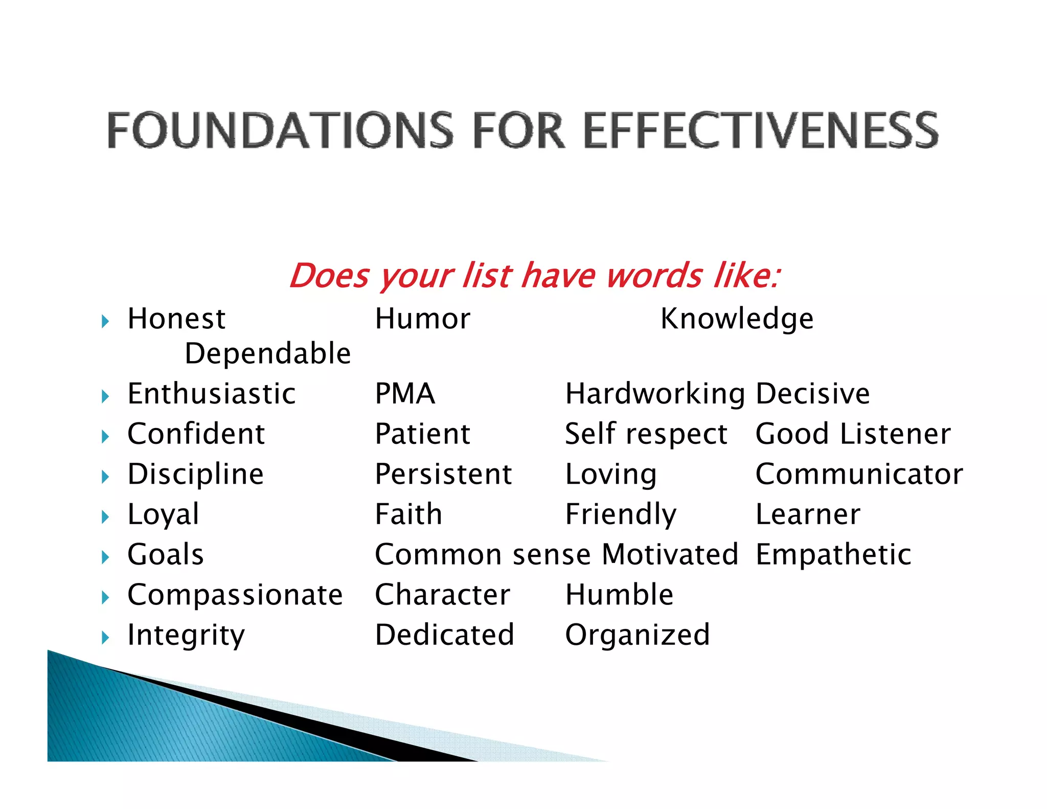 Does your list have words like:
Honest           Humor            Knowledge
    Dependable
Enthusiastic     PMA        Hardworking Decisive
Confident        Patient    Self respect Good Listener
Discipline       Persistent Loving       Communicator
Loyal            Faith      Friendly     Learner
Goals            Common sense Motivated Empathetic
Compassionate    Character  Humble
Integrity        Dedicated  Organized
 