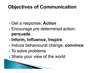 Get a response; Action
Encourage pre determined action;
persuade
Inform, Influence, Inspire
   o ,      ue ce, sp e
Induce behavioural change, convince
To solve problems
         problems.
Share your view of the world
 