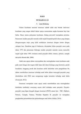 1
BAB I
PENDAHULUAN
A. Latar Belakang
Sistem kesehatan nasional imunisasi adalah salah satu bentuk intervensi
kesehatan yang sangat efektif dalam upaya menurunkan angka kematian bayi dan
balita. Dasar utama pelayanan kesehatan, bidang preventif merupakan prioritas.
Penurunan insiden penyakit menular telah terjadi berpuluh-puluh tahun yang lampau
dinegara-negara maju yang telah melakukan imunisasi dengan teratur dengan
cakupan luas. Demikian juga di Indonesia, dinyatakan bebas penyakit cacar pada
tahun 1972 dan penurunan beberapa insiden penyakit menular secara mencolok
terjadi sejak tahun 1985, terutama untuk penyakit difteri, tetanus, pertusis, campak
dan polio (Ranuh dkk, 2008).
Salah satu upaya dalam mewujudkan dan meningkatkan mutu kesehatan anak
pada suatu bangsa dan negara tidak lepas dari dasar keluarga yang harmonis, penuh
kesadaran, tanggung jawab dan kesetiaan untuk berkorban serta pengetahuan ibu
dalam memberikan imunisasi terhadap anak balita dalam mencegah penyakit yang
ditimbulkan oleh PD3I atau mengurangi angka kematian terhadap anak balita
(Iwansyah, 2012).
Imunisasi merupakan suatu upaya untuk menimbulkan atau meningkatkan
kekebalan (antibody) seseorang secara aktif terhadap suatu penyakit. Penyaki-
penyakit yang dapat dicegah dengan imunisasi (PD3I) antara lain : TBC, Diphteri,
Pertusis, Campak, Tetanus, Poliodan Hepatitis B. penyakit ini merupakan
penghambat pertumbuhan dan perkembangan anak balita (Atikah, 2010).
 