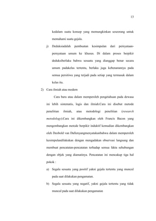 13
kedalam suatu konsep yang memungkinkan seseorang untuk
memahami suatu gejala.
j) Deduksiadalah pembuatan kesimpulan dari pernyataan-
pernyataan umum ke khusus. Di dalam proses berpikir
deduksiberlaku bahwa sesuatu yang dianggap benar secara
umum padakelas tertentu, berlaku juga kebenarannya pada
semua persitiwa yang terjadi pada setiap yang termasuk dalam
kelas itu.
2) Cara ilmiah atau modern
Cara baru atau dalam memperoleh pengetahuan pada dewasa
ini lebih sistematis, logis dan ilmiah.Cara ini disebut metode
penelitian ilmiah, atau metodologi penelitian (research
metodology).Cara ini dikembangkan oleh Francis Bacon yang
mengembangkan metode berpikir induktif kemudian dikembangkan
oleh Deobold van Dallenyangmenyatakanbahwa dalam memperoleh
kesimpulandilakukan dengan mengadakan observasi langsung dan
membuat pencatatan-pencatatan terhadap semua fakta sehubungan
dengan objek yang diamatinya. Pencatatan ini mencakup tiga hal
pokok :
a) Segala sesuatu yang positif yakni gejala tertentu yang muncul
pada saat dilakukan pengamatan.
b) Segala sesuatu yang negatif, yakni gejala tertentu yang tidak
muncul pada saat dilakukan pengamatan
 
