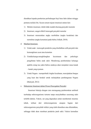 20
diarahkan kepada pemberian perlindungan bayi baru lahir dalam minggu
pertama melalui ibu. Secara umum tujuan imunisasi antara lain:
1) Melalui imunisasi, tubuh tidak mudah diserang penyakit menular
2) Imunisasi, sangat efektif mencegah penyakit menular
3) Imunisasi menurunkan angka morbiditas (angka kesakitan) dan
mortalitas (angka kematian) pada balita (Atikah, 2010).
d. Manfaat Imunisasi.
1) Untuk anak : mencegah penderita yang disebabkan oelh penyakit dan
kemungkinan cacat atau kematian
2) Untukkeluarga:menghilangkan kecemasan dan psikologis
pengobatan balita anak sakit. Mendorong pembentukan keluarga
apabila orang tua yakin bahwa anaknya akan menjalani masa kanak
– kanak yang nyaman.
3) Untuk Negara : memperbaiki tingkat kesehatan, menciptakan bangsa
yang kuat dan berakal untuk melanjutkan pembangunan Negara
(Rukiyah, 2012)
e. Mekanisme Imunisasi dalam Proses Pencegahan Penyakit
Imunisasi bekerja dengan cara merangsang pembentukan antibodi
teerhadap mikroorganisme tertentu tanpa menyebabkan seseorang sakit
terlebih dahulu. Vaksin, zat yang digunakan untuk membentuk imunitas
tubuh, terbuat dari mikoroorganisme ataupun bagian dari
mikroorganisme penyebab infeksi yang telah dimatikan atau dilemahkan,
sehingga tidak akan membuat penderita jatuh sakit. Vaksin kemudian
 