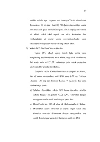 25
terlebih dahulu agar suspense dan homogen.Vaksin disuntikkan
dengan dosis 0,5 ml atau 1 buah HB PID, Pemberian suntikan secara
intra muskuler, pada anterolateral paha.Efek Samping dari vaksin
ini adalah reaksi lokal seperti rasa sakit, kemerahan dan
pembengkakan di sekitar tempat penyuntikan.Reaksi yang
terjadibersifat ringan dan biasanya hilang setelah 2 hari.
2) Vaksin BCG (Bacillus Calmette Guerin)
Vaksin BCG adalah vaksin bentuk beku kering yang
mengandung mycobacterium bovis hidup yang sudah dilemahkan
dari strain paris no.1173.P2. Indikasinya yaitu untuk pemberian
kekebalan aktif terhadap tuberkulosa.
Komposisi vaksin BCG setelah dilarutkan dengan 4 ml pelarut,
tiap ml vaksin mengandung basil BCG hidup 0,75 mg, Natrium
Glutamat 1,87 mg dan Natrium Klorida 9 mg.Dosis dan Cara
Pemberiannya yaitu :
a) Sebelum disuntikkan vaksin BCG harus dilarutkan terlebih
dahulu dengan 4 ml pelarut NACL 0,9%. Melarutkan dengan
menggunakan alat suntik steril dengan spoid 5 ml.
b) Dosis Pemberian : 0,05 ml, sebanyak 1 kali, untuk bayi ≤ 1tahun
c) Disuntikkan secara intrakutan di daerah lengan kanan atas
(insertion musculus deltoideus), dengan menggunakan alat
suntik dosis tunggal yang steril dan jarum suntik no. 25 G
 
