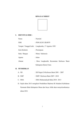 i
RIWAYAT HIDUP
I. IDENTITAS DIRI :
Nama : Nurniati
NIM : PSW.B.2013.IB.0079
Tempat / Tanggal Lahir : Langkumbe, 17 Agustus 1995
Jenis Kelamin : Perempuan
Suku / Bangsa : Muna / Indonesia
Agama : Islam
Alamat : Desa Langkumbe Kecamatan Kulisusu Barat
Kabupaten Buton Utara
II. PENDIDIKAN
A. SD : SD Negeri 26 Kulisusu Barat 2001 – 2007
B. SMP : SMP 3 Kulisusu Barat 2007– 2010
C. SMA : SMA Muhamadiyah Raha 2010– 2013
D. Sejak tahun 2013 mengikuti Pendidikan Diploma III Akademi Kebidanan
Paramata Raha Kabupaten Muna dan Insya Allah akan menyelesaikannya
tahun 2016
 