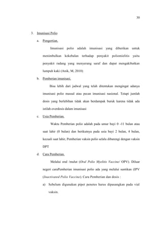 30
3. Imunisasi Polio
a. Pengertian.
Imunisasi polio adalah imunisasi yang diberikan untuk
menimbulkan kekebalan terhadap penyakit poliomielitis yaitu
penyakit radang yang menyerang saraf dan dapat mengakibatkan
lumpuh kaki (Anik, M, 2010)
b. Pemberian imunisasi.
Bisa lebih dari jadwal yang telah ditentukan mengingat adanya
imunisasi polio massal atau pecan imunisasi nasional. Tetapi jumlah
dosis yang berlebihan tidak akan berdampak buruk karena tidak ada
istilah overdosis dalam imunisasi
c. Usia Pemberian.
Waktu Pemberian polio adalah pada umur bayi 0 -11 bulan atau
saat lahir (0 bulan) dan berikutnya pada usia bayi 2 bulan, 4 bulan,
kecuali saat lahir, Pemberian vaksin polio selalu dibarengi dengan vaksin
DPT
d. Cara Pemberian.
Melalui oral /mulut (Oral Polio Myelitis Vaccine/ OPV). Diluar
negeri caraPemberian imunisasi polio ada yang melalui suntikan (IPV
(Inactivated Polio Vaccine). Cara Pemberian dan dosis :
a) Sebelum digunakan pipet penetes harus dipasangkan pada vial
vaksin.
 