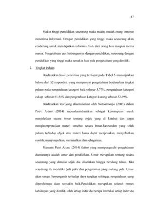 47
Makin tinggi pendidikan seseorang maka makin mudah orang tersebut
menerima informasi. Dengan pendidikan yang tinggi maka seseorang akan
cenderung untuk mendapatkan informasi baik dari orang lain maupun media
massa. Pengetahuan erat hubungannya dengan pendidikan, seseorang dengan
pendidikan yang tinggi maka semakin luas pula pengetahuan yang dimiliki.
2. Tingkat Paham
Berdasarkan hasil penelitian yang terdapat pada Tabel 5 menunjukkan
bahwa dari 52 responden yang mempunyai pengetahuan berdasarkan tingkat
paham pada pengetahuan kategori baik sebesar 5,77%, pengetahuan kategori
cukup sebesar 61,54% dan pengetahuan kategori kurang sebesar 32,69%.
Berdasarkan teoriyang dikemukakan oleh Notoatmodjo (2003) dalam
Putri Ariani (2014) memahamidiartikan sebagai kemampuan untuk
menjelaskan secara benar tentang objek yang di ketahui dan dapat
menginterpretaskan materi tersebut secara benar.Responden yang telah
paham terhadap objek atau materi harus dapat menjelaskan, menyebutkan
contoh, menyimpulkan, meramalkan dan sebagainya.
Menurut Putri Ariani (2014) faktor yang mempengaruhi pengetahuan
diantaranya adalah umur dan pendidikan. Umur merupakan rentang waktu
seseorang yang dimulai sejak dia dilahirkan hingga berulang tahun. Jika
seseorang itu memiliki pola pikir dan pengalaman yang matang pula. Umur
akan sangat berpengaruh terhadap daya tangkap sehingga pengetahuan yang
diperolehnya akan semakin baik.Pendidikan merupakan seluruh proses
kehidupan yang dimiliki oleh setiap individu berupa interaksi setiap individu
 