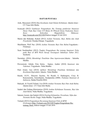 54
DAFTAR PUSTAKA
Anik, Maryunani (2010) Ilmu Kesehatan Anak Dalam Kebidanan. Jakarta timur :
CV Trans Info Media
Iwansyah (2012) Gambaran Pengetahuan Ibu Tentang pemberian Imunisasi
Dasar Pada Bayi Umur 0-9 Bulan Di Wilayah Kerja Puskesmas Kassi-
Kassi Kelurahan MappalaKota Makassar.
http://iwansyah.com/2013/09/Diakses tanggal 18 Juli 2016
Marmi dan Rahardjo, Kukuh (2012) Asuhan Neonatus, Bayi, Balita dan Anak
Prasekolah. Pustaka Pekajar. Yogyakarta
Muslihatun, Wafi Nur. (2010) Asuhan Neonatus Bayi Dan Balita.Yogyakarta :
Fitramaya
Nesti NurdianaSari (2012) Tingkat Pengetahuan Ibu tentang Imunisasi Polio
pada Bayi di BPS Warti Suwaji Tawangsari Sukaharjo Tahun 2012.
Surakarta
Nursalam, (2016) Metodologi Penelitian Ilmu keperawatan.Jakarta : Salemba
Medika
Proverawati, Atikah, Fitra Setrio, Septyo, Andini (2010) Imunisasi dan
Vaksinasi. Yogyakarta : Nuha Medika
Putri Ariani, Ayu (2014) Aplikasi Metodologi Penelitian Kebidanan dan
Kesehatan Reproduksi. Jakarta : Nuha Medika
Ranuh, I.G.N., Haryono Suyitno, Sri Rezeki S. Hadinegoro, Cissy B.
Karyasasmita, Ismoedijanto, Soedjatmika (2008). Pedoman Imunisasi di
Indonesia. Badan Penerbit IDAI
Rukiyah, Ai Yeyeh,Yulianti, Lia (2010) Asuhan Neonatus Bayi Dan Anak Balita.
Jakarta timur : CV Trans Info Media
Sudarti dan Endang Khoirunnisa (2010) Asuhan Kebidanan Neonatus, Bayi dan
Anak Balita. Nuha Medika. Yogyakarta
Sukarni, Icesmi, dan Sudarti (2014) Patologi Kehamilan, Persalinan, Nifas dan
Neonatus Resiko Tinggi. Nuha Medika. Yogyakarta
Yulianti (2015) Pengetahuan Ibu tentang Imunisasi Polio di BPM
Grobongan.Http://Yulianti.com/2015/09/Tingkat-Pengetahuan-Ibu-
tentang. Html. diakses tanggal 19 Juli 2016
 