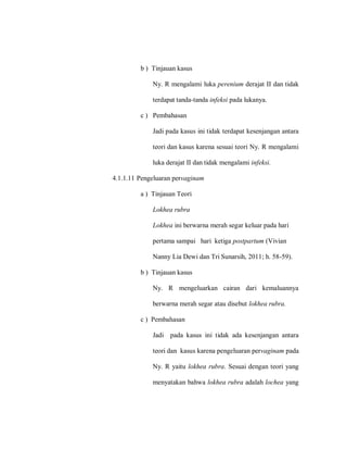 b ) Tinjauan kasus
Ny. R mengalami luka perenium derajat II dan tidak
terdapat tanda-tanda infeksi pada lukanya.
c ) Pembahasan
Jadi pada kasus ini tidak terdapat kesenjangan antara
teori dan kasus karena sesuai teori Ny. R mengalami
luka derajat II dan tidak mengalami infeksi.
4.1.1.11 Pengeluaran pervaginam
a ) Tinjauan Teori
Lokhea rubra
Lokhea ini berwarna merah segar keluar pada hari
pertama sampai hari ketiga postpartum (Vivian
Nanny Lia Dewi dan Tri Sunarsih, 2011; h. 58-59).
b ) Tinjauan kasus
Ny. R mengeluarkan cairan dari kemaluannya
berwarna merah segar atau disebut lokhea rubra.
c ) Pembahasan
Jadi pada kasus ini tidak ada kesenjangan antara
teori dan kasus karena pengeluaran pervaginam pada
Ny. R yaitu lokhea rubra. Sesuai dengan teori yang
menyatakan bahwa lokhea rubra adalah lochea yang
 