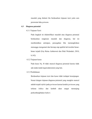 masalah yang dialami ibu berdasarkan tinjauan teori yaitu cara
perawatan luka peineum.
4.3 Diagnosa potensial
4.3.1 Tinjauan Teori
Pada langkah ini diidentifikasi masalah atau diagnosa potensial
berdasarkan rangkaian masalah dan diagnosa, hal ini
membutuhkan antisipasi, pencegahan bila memungkinkan
menunggu mengamati dan bersiap-siap apabila hal tersebut benar-
benar terjadi (Eny Retna Ambarwati dan Diah Wulandari, 2010;
h.142).
4.3.2 Tinjauan kasus
Pada kasus Ny. R tidak muncul diagnosa potensial karena tidak
ada tanda-tanda kegawadaruratan yang lain.
4.3.3 Pembahasan
Berdasarkan tinjauan teori dan kasus tidak terdapat kesenjangan.
Sesuai dengan tinjauan diagnosa potensial yang mungkin muncul
adalah terjadi infeksi pada perineum karena kondisi perineum yang
terkena lokhea dan lembab akan sangat menunjang
perkembangbiakan bakteri.
 
