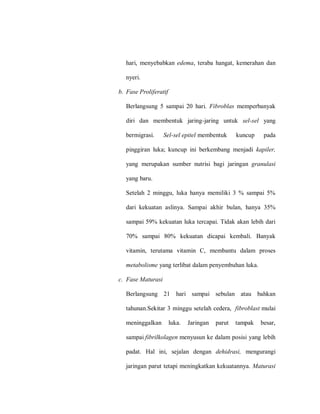 hari, menyebabkan edema, teraba hangat, kemerahan dan
nyeri.
b. Fase Proliferatif
Berlangsung 5 sampai 20 hari. Fibroblas memperbanyak
diri dan membentuk jaring-jaring untuk sel-sel yang
bermigrasi. Sel-sel epitel membentuk kuncup pada
pinggiran luka; kuncup ini berkembang menjadi kapiler,
yang merupakan sumber nutrisi bagi jaringan granulasi
yang baru.
Setelah 2 minggu, luka hanya memiliki 3 % sampai 5%
dari kekuatan aslinya. Sampai akhir bulan, hanya 35%
sampai 59% kekuatan luka tercapai. Tidak akan lebih dari
70% sampai 80% kekuatan dicapai kembali. Banyak
vitamin, terutama vitamin C, membantu dalam proses
metabolisme yang terlibat dalam penyembuhan luka.
c. Fase Maturasi
Berlangsung 21 hari sampai sebulan atau bahkan
tahunan.Sekitar 3 minggu setelah cedera, fibroblast mulai
meninggalkan luka. Jaringan parut tampak besar,
sampai fibrilkolagen menyusun ke dalam posisi yang lebih
padat. Hal ini, sejalan dengan dehidrasi, mengurangi
jaringan parut tetapi meningkatkan kekuatannya. Maturasi
 