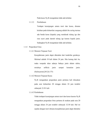 95
Pada kasus Ny.R mengatakan tidak ada keluhan
1.1.3.3 Pembahasan
Terdapat kesenjangan antara teori dan kasus, dimana
keluhan pada kehamilan sungsang adalah ibu sering merasa
ada benda keras (kepala) yang mendesak tulang iga dan
rasa nyeri pada daerah tulang iga karena kepala janin.
Sedangkan Ny.R mengatakan tidak ada keluhan.
1.1.4 Pergerakan Fetus
1.1.4.1 Menurut Tinjauan Teori
Kesejahteraan janin dapat diketahui dari keaktifan geraknya.
Minimal adalah 10 kali dalam 24 jam. Jika kurang dari itu,
maka waspada akan adanya bahaya janin dalam rahim,
misalnya asfiksia janin sampai kematian janin.
(Sulistyawati,2012;h.175)
1.1.4.2 Menurut Tinjauan Kasus
Ny.R mengatakan pergerakan janin pertama kali dirasakan
pada usia kehamilan 20 minggu dalam 24 jam terakhir
sebanyak 12-30 kali.
1.1.4.3 Pembahasan
Tidak terdapat kesenjangan antara teori dan kasus karena Ny.R
mengatakan pergerakan fetus pertama di rasakan pada usia 20
minggu dalam 24 jam terakhir sebanyak 12-30 kali. Hal ini
sejalan dengan teori dimana kesejahteraan janin dapat dketahui
 