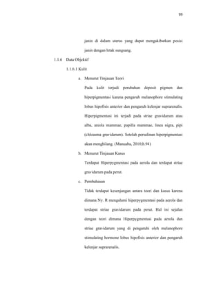99
janin di dalam uterus yang dapat mengakibatkan posisi
janin dengan letak sungsang.
1.1.6 Data Objektif
1.1.6.1 Kulit
a. Menurut Tinjauan Teori
Pada kulit terjadi perubahan deposit pigmen dan
hiperpigmentasi karena pengaruh melanophore stimulating
lobus hipofisis anterior dan pengaruh kelenjar suprarenalis.
Hiperpigmentasi ini terjadi pada striae gravidarum atau
alba, areola mammae, papilla mammae, linea nigra, pipi
(chloasma gravidarum). Setelah persalinan hiperpigmentasi
akan menghilang. (Manuaba, 2010;h.94)
b. Menurut Tinjauan Kasus
Terdapat Hiperpygmentasi pada aerola dan terdapat striae
gravidarum pada perut.
c. Pembahasan
Tidak terdapat kesenjangan antara teori dan kasus karena
dimana Ny. R mengalami hiperpygmentasi pada aerola dan
terdapat striae gravidarum pada perut. Hal ini sejalan
dengan teori dimana Hiperpygmentasi pada aerola dan
striae gravidarum yang di pengaruhi oleh melanophore
stimulating hormone lobus hipofisis anterior dan pengaruh
kelenjar suprarenalis.
 