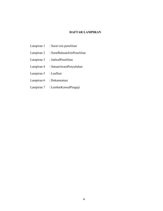 12
DAFTAR LAMPIRAN
Lampiran 1 : Surat izin penelitian
Lampiran 2 : SuratBalasanIzinPenelitian
Lampiran 3 : JadwalPenelitian
Lampiran 4 : SatuanAcaraPenyuluhan
Lampiran 5 : Leafleat
Lampiran 6 : Dokumentasi
Lampiran 7 : LembarKonsulPenguji
xi
 