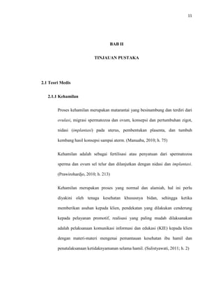 11
BAB II
TINJAUAN PUSTAKA
2.1 Teori Medis
2.1.1 Kehamilan
Proses kehamilan merupakan matarantai yang besinambung dan terdiri dari
ovulasi, migrasi spermatozoa dan ovum, konsepsi dan pertumbuhan zigot,
nidasi (implantasi) pada uterus, pembentukan plasenta, dan tumbuh
kembang hasil konsepsi sampai aterm. (Manuaba, 2010; h. 75)
Kehamilan adalah sebagai fertilisasi atau penyatuan dari spermatozoa
sperma dan ovum sel telur dan dilanjutkan dengan nidasi dan implantasi.
(Prawirohardjo, 2010; h. 213)
Kehamilan merupakan proses yang normal dan alamiah, hal ini perlu
diyakini oleh tenaga kesehatan khususnya bidan, sehingga ketika
memberikan asuhan kepada klien, pendekatan yang dilakukan cenderung
kepada pelayanan promotif, realisasi yang paling mudah dilaksanakan
adalah pelaksanaan komunikasi informasi dan edukasi (KIE) kepada klien
dengan materi-materi mengenai pemantauan kesehatan ibu hamil dan
penatalaksanaan ketidaknyamanan selama hamil. (Sulistyawati, 2011; h. 2)
 