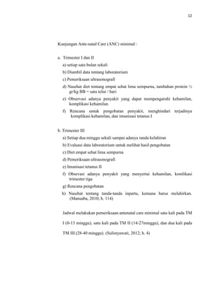 12
Kunjungan Ante-natal Care (ANC) minimal :
a. Trimester I dan II
a) setiap satu bulan sekali
b) Diambil data tentang laboratorium
c) Pemeriksaan ultrasonografi
d) Nasehat diet tentang empat sehat lima sempurna, tambahan protein ½
gr/kg BB = satu telur / hari
e) Observasi adanya penyakit yang dapat mempengaruhi kehamilan,
komplikasi kehamilan.
f) Rencana untuk pengobatan penyakit, menghindari terjadinya
komplikasi kehamilan, dan imunisasi tetanus I
b. Trimester III
a) Setiap dua minggu sekali sampai adanya tanda kelahiran
b) Evaluasi data laboratorium untuk melihat hasil pengobatan
c) Diet empat sehat lima sempurna
d) Pemeriksaan ultrasonografi
e) Imunisasi tetanus II
f) Obsevasi adanya penyakit yang menyertai kehamilan, komlikasi
trimester tiga
g) Rencana pengobatan
h) Nasehat tentang tanda-tanda inpartu, kemana harus melahirkan.
(Manuaba, 2010; h. 114)
Jadwal melakukan pemeriksaan antenatal care minimal satu kali pada TM
I (0-13 minggu), satu kali pada TM II (14-27minggu), dan dua kali pada
TM III (28-40 minggu). (Sulistyawati, 2012; h. 4)
 