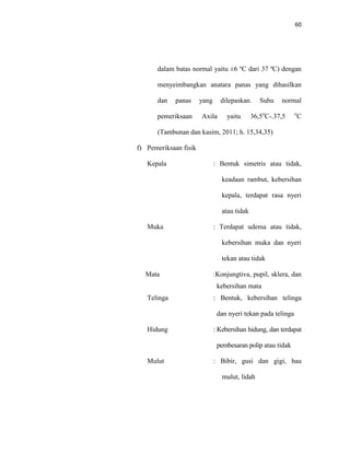 60
dalam batas normal yaitu ±6 ºC dari 37 ºC) dengan
menyeimbangkan anatara panas yang dihasilkan
dan panas yang dilepaskan. Suhu normal
pemeriksaan Axila yaitu 36,5o
C-.37,5 o
C
(Tambunan dan kasim, 2011; h. 15,34,35)
f) Pemeriksaan fisik
Kepala : Bentuk simetris atau tidak,
keadaan rambut, kebersihan
kepala, terdapat rasa nyeri
atau tidak
Muka : Terdapat udema atau tidak,
kebersihan muka dan nyeri
tekan atau tidak
Mata :Konjungtiva, pupil, sklera, dan
kebersihan mata
Telinga : Bentuk, kebersihan telinga
dan nyeri tekan pada telinga
Hidung : Kebersihan hidung, dan terdapat
pembesaran polip atau tidak
Mulut : Bibir, gusi dan gigi, bau
mulut, lidah
 