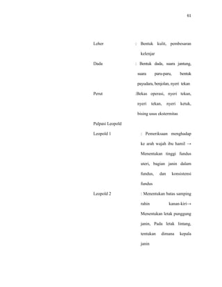61
Leher : Bentuk kulit, pembesaran
kelenjar
Dada : Bentuk dada, suara jantung,
suara paru-paru, bentuk
payudara, benjolan, nyeri tekan
Perut :Bekas operasi, nyeri tekan,
nyeri tekan, nyeri ketuk,
bising usus ekstermitas
Palpasi Leopold
Leopold 1 : Pemeriksaan menghadap
ke arah wajah ibu hamil →
Menentukan tinggi fundus
uteri, bagian janin dalam
fundus, dan konsistensi
fundus
Leopold 2 : Menentukan batas samping
rahin kanan-kiri→
Menentukan letak punggung
janin, Pada letak lintang,
tentukan dimana kepala
janin
 