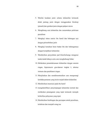 68
5. Menilai keadaan janin selama kehamilan termasuk
detak jantung janin dengan menggunakan fetoskop
(pinard) dan gerakan janin dengan palpasi uterus
6. Menghitung usia kehamilan dan menentukan perkiraan
persalinan
7. Mengkaji status nutrisi ibu hamil dan hubungan nya
dengan pertumbuhan janin
8. Mengkaji kenaikan berat badan ibu dan hubungannya
dengan komplikasi kehamilan
9. Memberikan penyuluhan pad klien/keluarga mengenai
tanda-tanda bahaya serta cara menghubungi bidan
10. Melakukan penatalaksanaan kehamilan dengan anemia
ringan, hiperemesis gravidarum tingkat I, abortus
iminens dan preeklamsi ringan
11. Menjelaskan dan mendemontrasikan cara mengurangi
ketidaknyamanan yang lazim terjadi dalam kehamilan
12. Memberikan imunisasi pada ibu hamil
13. mengidentifikasi penyimpangan kehamilan normal dan
melakukan penanganan yang tepat termasuk merujuk
kefasilitas pelayanan yang tepat
14. Memberikan bimbingan dan persiapan untuk persalinan,
kelahiran dan menjadi orang tua
 