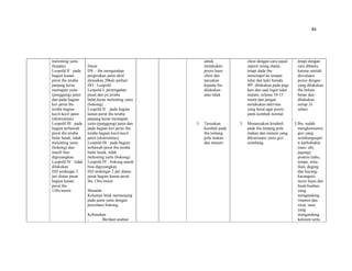 84
melenting yaitu
(kepala)
Leopold II : pada
bagian kanan
perut ibu teraba
panjang keras
memapan yaitu
(punggung) janin
dan pada bagian
kiri perut ibu
teraba bagian
kecil-kecil janin
(ekstremitas)
Leopold III : pada
bagian terbawah
perut ibu teraba
bulat lunak, tidak
melenting yaitu
(bokong) dan
masih bias
digoyangkan
Leopold IV : tidak
dilakukan
DJJ terdengar 2
jari diatas pusat
bagian kanan
perut ibu
138x/menit
Dasar :
DS: - ibu mengatakan
pergerakan janin aktif
dirasakan 20kali perhari
DO : Leopold
Leopold I: pertengahan
pusat dan px,teraba
bulat,keras melenting yaitu
(bokong)
Leopold II: : pada bagian
kanan perut ibu teraba
panjang keras memapan
yaitu (punggung) janin dan
pada bagian kiri perut ibu
teraba bagian kecil-kecil
janin (ekstremitas)
Leopold III : pada bagian
terbawah perut ibu teraba
bulat lunak, tidak
melenting yaitu (bokong)
Leopold IV : bokong masih
bisa digoyangkan
DJJ terdengar 2 jari diatas
pusat bagian kanan perut
ibu 136x/menit
Masalah :
Kelainan letak memanjang
pada janin yaitu dengan
presentasi bokong.
Kebutuhan :
- Berikan asuhan
untuk
melakukan
posisi knee
chest dan
tanyakan
kepada ibu
dilakukan
atau tidak
3. Tanyakan
kembali pada
ibu tentang
pola makan
dan minum.
chest dengan cara sujud
seperti orang shalat,
tetapi dada ibu
menempel ke tempat
tidur dan kaki berada
90º, dilakukan pada pagi
hari dan saat ingin tidur
malam, selama 10-15
menit dan jangan
melakukan aktivitas
yang berat agar posisi
janin kembali normal.
3. Menanyakan kembali
pada ibu tentang pola
makan dan minum yang
dikonsumsi yaitu gizi
seimbang
tetapi dengan
cara dibantu
karena setelah
dievaluasi
posisi dengan
yang dilakukan
ibu belum
benar dan
dilakukan
setiap 2x
sehari.
3.Ibu sudah
mengkonsumsi
gizi yang
seimbangseper
ti karbohidrat
(nasi, ubi,
jagung),
protein (tahu,
tempe, telur,
ikan, daging
dan kacang-
kacangan),
sayur hijau dan
buah-buahan
yang
mengandung
vitamin dan
serat, susu
yang
mengandung
kalsium serta
 