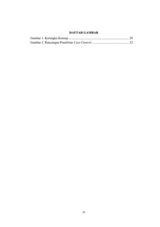 xi
DAFTAR GAMBAR
Gambar 1. Kerangka Konsep........................................................................... 29
Gambar 2. Rancangan Penelitian Case Control............................................... 32
 