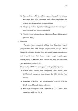 10
5) Tekanan darah rendah karena kekurangan oksigen pada otot jantung,
kehilangan darah atau kekurangan aliran darah yang kembali ke
plasenta sebelum dan selama proses persalinan
6) Takipnu (pernafasan cepat) karena kegagalan absorbsi cairan paru-
paru atau nafas tidak teratur/megap-megap
7) Sianosis (warna kebiruan) karena kekurangan oksigen didalam darah
(Anonim, 20163)
d. Diagnosis.
Neonatus yang mengalami asfiksia bisa didapatkan riwayat
gangguan lahir, lahir tidak bernapas dengan adekuat, riwayat ketuban
bercampur mekonium. Temuan klinis yang didapat pada neonatus dengan
asfiksia dapat berupa lahir tidak bernapas/bernapas megap-megap,
denyut jantung <100x/menit, kulit sianosis atau pucat dan tonus otot
yang melemah. (Anonim, 20162).
Diagnosis dapat dilakukan selama persalinan dengan beberapa cara:
1) Menilai detak jantung janin: menghitung detak jantung janin
(≤100x/menit) mengawasi terus dengan alat CTG (Cardio Toco
Grafic)
2) Memeriksa air ketuban : ada meconeum pada bayi letak belakang
kepala menandakan ada depresi pada janin
3) Periksa pH darah janin: darah kulit kepala pH ≤ 7,2 berarti janin
dalam bahaya (Regina, 2011).
 