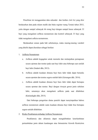 53
Penelitian ini menggunakan data sekunder dan lembar chek list yang diisi
berdasarkan data pada rekam medik dan buku register ruang Teratai tahun 2015,
yaitu dengan sampel sebanyak 66 orang bayi dengan sampel kasus sebanyak 33
bayi yang mengalami asfiksia neonatorum dan kontrol sebanyak 33 bayi yang
tidak mengalami asfksia neonatorum.
Berdasarkan uraian pada bab sebelumnya, maka masing-masing variabel
yang diteliti dapat diuraikan sebagai berikut:
1. Asfiksia Neonatorum
a. Asfiksia adalah kegagalan untuk memulai dan melanjutkan pernapasan
secara spontan dan teratur pada saat bayi lahir atau beberapa saat setelah
bayi lahir (Sudarti dkk, 2013).
b. Asfiksia adalah keadaan dimana bayi baru lahir tidak dapat bernafas
secara spontan dan teratus segera setelah lahir (Gerungan dkk. 2014).
c. Asfiksia adalah keadaan dimana bayi baru lahir tidak dapat bernapas
secara spontan dan teratur. Bayi dengan riwayat gawat janin sebelum
lahir, umumnya akan mengalami asfiksia pada saat dilahirkan
(Katiandagho dkk, 2015).
Dari beberapa pengertian diatas peneliti dapat menyimpulkan bahwa
asfiksia neonatorum adalah suatu keadaan dimana bayi tidak bisa bernapas
segera setelah dilahirkan.
2. Risiko Preeklamsia terhadap Asfiksia Neonatorum
Preeklamsia dan eklamsia dapat mengakibatkan keterlambatan
pertumbuhan janin dalam kandungan atau Intrauterine Growth Restriction
 