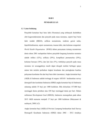 1
BAB I
PENDAHULUAN
1.1 Latar belakang
Penyebab kematian bayi baru lahir (Neonatus) yang terbanyak disebabkan
oleh kegawatdaruratan dan penyulit pada masa neonatus, seperti bayi berat
lahir rendah (BBLR), asfiksia neonatorum, sindrom gawat nafas,
hiperbilirubinemia, sepsis neonatorum, trauma lahir, dan kelainan congenital.
World Health Organitation (WHO) dalam pernyataan tentang neonatorum
dunia tahun 2001 melaporkan bahwa penyebab langsung kematian neonatus
adalah infeksi (32%), asfiksia (29%), komplikasi prematuritas (24%),
kelainan bawaan (10%), dan lain lain (5%), timbulnya penyulit pada masa
neonatus ini sesungguhnya masih dapat dicegah melalui berbagai upaya
antara lain melalui perbaikan tingkat kesehatan dan peningkatan kualitas
pelayanan kesehatan ibu dan bayi baru lahir (neonatus). Angka kematian bayi
(AKB) di Indonesia adalah tertinggi di negara ASEAN berdasarkan survey
demografi dan kesehatan Indonesia (SDKI) angka kematian bayi di Indonesia
sekarang adalah 35 bayi per 1000 kelahiran. Bila dirincikan 157.000 bayi
meninggal dunia pertahun atau 430 bayi meninggal dunia per hari. Dalam
millenium Development Goal (MDGS), Indonesia menargetkan pada tahun
2015 AKB menurun menjadi 17 bayi per 1000 kelahiran (Maryunani &
nurhayati, 2009, h:2).
Angka kematian bayi (AKB) di Provinsi Lampung berdasarkan hasil Survey
Demografi Kesehatan Indonesia (SDKI) tahun 2002 – 2012 trendnya
 