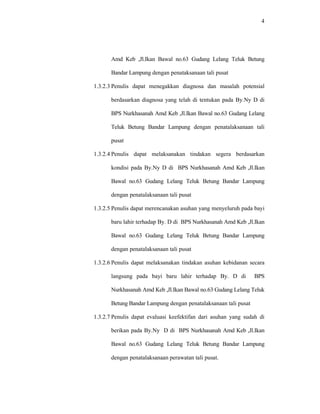 4
Amd Keb ,Jl.Ikan Bawal no.63 Gudang Lelang Teluk Betung
Bandar Lampung dengan penataksanaan tali pusat
1.3.2.3 Penulis dapat menegakkan diagnosa dan masalah potensial
berdasarkan diagnosa yang telah di tentukan pada By.Ny D di
BPS Nurkhasanah Amd Keb ,Jl.Ikan Bawal no.63 Gudang Lelang
Teluk Betung Bandar Lampung dengan penatalaksanaan tali
pusat
1.3.2.4 Penulis dapat melaksanakan tindakan segera berdasarkan
kondisi pada By.Ny D di BPS Nurkhasanah Amd Keb ,Jl.Ikan
Bawal no.63 Gudang Lelang Teluk Betung Bandar Lampung
dengan penatalaksanaan tali pusat
1.3.2.5 Penulis dapat merencanakan asuhan yang menyeluruh pada bayi
baru lahir terhadap By. D di BPS Nurkhasanah Amd Keb ,Jl.Ikan
Bawal no.63 Gudang Lelang Teluk Betung Bandar Lampung
dengan penatalaksanaan tali pusat
1.3.2.6 Penulis dapat melaksanakan tindakan asuhan kebidanan secara
langsung pada bayi baru lahir terhadap By. D di BPS
Nurkhasanah Amd Keb ,Jl.Ikan Bawal no.63 Gudang Lelang Teluk
Betung Bandar Lampung dengan penatalaksanaan tali pusat
1.3.2.7 Penulis dapat evaluasi keefektifan dari asuhan yang sudah di
berikan pada By.Ny D di BPS Nurkhasanah Amd Keb ,Jl.Ikan
Bawal no.63 Gudang Lelang Teluk Betung Bandar Lampung
dengan penatalaksanaan perawatan tali pusat.
 