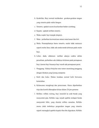 12
b. Keaktifan, Bayi normal melakukan gerakan-gerakan tangan
yang simetris pada waktu bangun.
c. Simetris, apakah secara keseluruhan badan seimbang
d. Kepala : apakah terlihat simetris.
e. Muka wajah, bayi tampak ekspresi.
f. Mata : perhatikan kesimetrisan antara mata kanan dan kiri.
g. Mulu: Penampilannya harus simetris, mulut tidak mencucu
seperti mulut ikan, tidak ada tanda-tanda kebiruan pada mulut
bayi.
h. Leher, dada, abdomen: melihat adanya cedera akibat
persalinan, perhatikan ada tidaknya kelainan pada pernapasan
bayi, karena bayi biasanya bayi masih ada pernapasan perut.
i. Punggung: Adanya benjolan atau tumor atautulang punggung
dengan lekukan yang kurang sempurna
j. Kulit dan kuku: Dalam keadaan normal kulit berwarna
kemerahan.
k. Kelancaran menghisap dan pencernaan. Harus diperhatikan
tinja dan kemih diharapkan keluar dalam 24 jam pertama
l. Refleks: refleks rooting, bayi menoleh ke arah benda yang
menyentuh pipi, Refleks isap, terjadi apabila terdapat benda
menyentuh bibir, yang disertai refleks menelan, Refleks
morro ialah timbulnya pergerakan tangan yang simetris
seperti merangkul apabila kepala tiba-tiba digerakan; Refleks
 