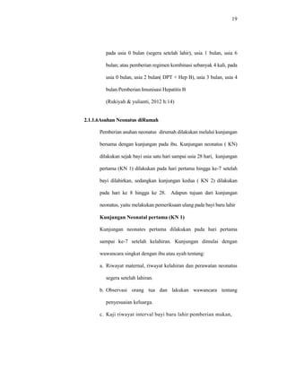 19
pada usia 0 bulan (segera setelah lahir), usia 1 bulan, usia 6
bulan; atau pemberian regimen kombinasi sebanyak 4 kali, pada
usia 0 bulan, usia 2 bulan( DPT + Hep B), usia 3 bulan, usia 4
bulan Pemberian Imunisasi Hepatitis B
(Rukiyah & yulianti, 2012 h:14)
2.1.1.6Asuhan Neonatus diRumah
Pemberian asuhan neonatus dirumah dilakukan melalui kunjungan
bersama dengan kunjungan pada ibu. Kunjungan neonatus ( KN)
dilakukan sejak bayi usia satu hari sampai usia 28 hari, kunjungan
pertama (KN 1) dilakukan pada hari pertama hingga ke-7 setelah
bayi dilahirkan, sedangkan kunjungan kedua ( KN 2) dilakukan
pada hari ke 8 hingga ke 28. Adapun tujuan dari kunjungan
neonatus, yaitu melakukan pemeriksaan ulang pada bayi baru lahir
Kunjungan Neonatal pertama (KN 1)
Kunjungan neonates pertama dilakukan pada hari pertama
sampai ke-7 setelah kelahiran. Kunjungan dimulai dengan
wawancara singkat dengan ibu atau ayah tentang:
a. Riwayat maternal, riwayat kelahiran dan perawatan neonatus
segera setelah lahiran.
b. Observasi orang tua dan lakukan wawancara tentang
penyesuaian keluarga.
c. Kaji riwayat interval bayi baru lahir:pemberian makan,
 