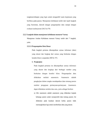 30
rangkaian/tahapan yang logis untuk mengambil suatu keputusan yang
berfokus pada pasien. Menejemen kebidanan terdiri dari tujuh langkah
yang berurutan, diawali dengan pengumpulan data sampai dengan
evaluasi (sulistyawati 2012 h;179)
2.2.2 Langkah dalam manajemen kebidanan menurut Varney
Manajemen Asuhan Kebidanan menurut Varney terdiri dari 7 langkah,
yaitu:
2.2.2.1 Pengumpulan Data Dasar
Pada langkah pertama dikumpulkan semua informasi (data)
yang akurat dan lengkap dari semua yang berkaitan dengan
kondisi klien ( soepardan 2007,h: 97)
I. Pengkajian
Pada langkah pertama ini dikumpulkan semua informasi
yang akurat dan lengkap dari berbagai sumber yang
berkaitan dengan kondisi klien. Pengumpulan data
dilakukan melalui anamnesis. Anamnesis adalah
pengkajian dalam rangka mendapatkan data tentang pasien
melalui pengajuan pertanyaan-pertanyaan. Anamnesis
dapat dilakukan melalui dua cara, yaitu sebagai berikut:
a) Allo anamnesis adalah anamnesis yang dilakukan kepada
keluarga pasien untuk memperoleh data tentang pasien. Ini
dilakukan pada keadaan darurat ketika pasien tidak
memungkinkan lagi untuk memberikan data yang akurat.
 