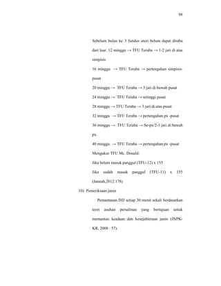 98
Sebelum bulan ke 3 fundus uteri belum dapat diraba
dari luar. 12 minggu → TFU Teraba → 1-2 jari di atas
simpisis
16 minggu → TFU Teraba → pertengahan simpisis-
pusat
20 minggu → TFU Teraba → 3 jari di bawah pusat
24 minggu → TFU Teraba → setinggi pusat
28 minggu → TFU Teraba → 3 jari di atas pusat
32 minggu → TFU Teraba → pertengahan px -pusat
36 minggu → TFU Teraba → Se-px/2-3 jari di bawah
px.
40 minggu → TFU Teraba → pertengahan px -pusat
Mengukur TFU Mc. Donald:
Jika belum masuk panggul (TFU-12) x 155
Jika sudah masuk panggul (TFU-11) x 155
(Jannah,2012:178)
10) Pemeriksaan janin
Pemantauan DJJ setiap 30 menit sekali berdasarkan
teori asuhan persalinan yang bertujuan untuk
memantau keadaan dan kesejahteraan janin (JNPK-
KR, 2008 : 57).
 