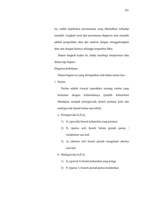 101
itu, sudah terpikirkan perencanaan yang dibutuhkan terhadap
masalah. Langkah awal dari perumusan diagnosis atau masalah
adalah pengolahan data dan analisis dengan menggabungkan
data satu dengan lainnya sehingga tergambar fakta.
Dalam langkah kedua ini, bidan membagi interprestasi data
dalam tiga bagian:
Diagnosa kebidanan
Dalam bagian ini yang disimpulkan oleh bidan antara lain :
1. Paritas
Paritas adalah riwayat reproduksi seorang wanita yang
berkaitan dengan kehamilannya (jumlah kehamilan)
dibedakan menjadi primigravida (hamil pertama kali) dan
multigravida (hamil kedua atau lebih).
a. Primigravida G1P0A0
1) G1 (gravida) berarti kehamilan yang pertama
2) P0 (partus nol) berarti belum pernah partus /
melahirkan satu kali
3) A0 (abortus nol) berarti pernah mengalami abortus
satu kali
b. Multigravida G3P1A1
1) G3 (gravid 3) berarti kehamilan yang ketiga
2) P1 (partus 1) berarti pernah partus/melahirkan
 