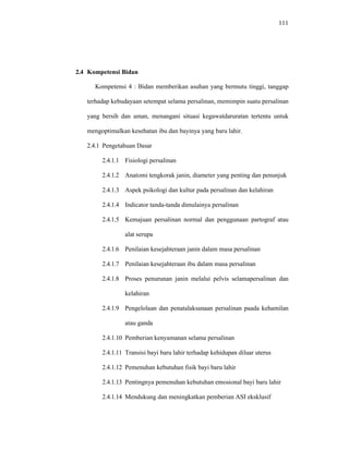 111
2.4 Kompetensi Bidan
Kompetensi 4 : Bidan memberikan asuhan yang bermutu tinggi, tanggap
terhadap kebudayaan setempat selama persalinan, memimpin suatu persalinan
yang bersih dan aman, menangani situasi kegawatdaruratan tertentu untuk
mengoptimalkan kesehatan ibu dan bayinya yang baru lahir.
2.4.1 Pengetahuan Dasar
2.4.1.1 Fisiologi persalinan
2.4.1.2 Anatomi tengkorak janin, diameter yang penting dan penunjuk
2.4.1.3 Aspek psikologi dan kultur pada persalinan dan kelahiran
2.4.1.4 Indicator tanda-tanda dimulainya persalinan
2.4.1.5 Kemajuan persalinan normal dan penggunaan partograf atau
alat serupa
2.4.1.6 Penilaian kesejahteraan janin dalam masa persalinan
2.4.1.7 Penilaian kesejahteraan ibu dalam masa persalinan
2.4.1.8 Proses penurunan janin melalui pelvis selamapersalinan dan
kelahiran
2.4.1.9 Pengelolaan dan penatalaksanaan persalinan paada kehamilan
atau ganda
2.4.1.10 Pemberian kenyamanan selama persalinan
2.4.1.11 Transisi bayi baru lahir terhadap kehidupan diluar uterus
2.4.1.12 Pemenuhan kebutuhan fisik bayi baru lahir
2.4.1.13 Pentingnya pemenuhan kebutuhan emosional bayi baru lahir
2.4.1.14 Mendukung dan meningkatkan pemberian ASI eksklusif
 