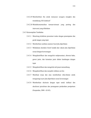 114
2.4.2.25 Memfasilitasi ibu untuk menyusui sesegera mungkin dan
mendukung ASI eksklusif
2.4.2.26 Mendokumentasikan temuan-temuan yang penting dan
intervensi yang dilakukan
2.4.3 Keterampilan Tambahan
2.4.3.1 Menolong kelahiran presentasi muka dengan penempatan dan
gerak tangan yang tepat
2.4.3.2 Memberikan suntikan anastesi local jika diperlukan
2.4.3.3 Melakukan ekstraksi forsef rendah dan vakum jika diperlukan
sesuai dengan kewenangan
2.4.3.4 Mengidentifikasi dan mengelola malpresentasi, distosia bahu,
gawat janin, dan kematian janin dalam kandungan dengan
tepat
2.4.3.5 Mengidentifikasi dan mengelola tali pusat menumbung
2.4.3.6 Mengidentifikasi dan menjahit robekan serviks
2.4.3.7 Membuat resep dan atau memberikan obat-obatan untuk
mengurangi nyeri jika diperlukan sesuai kewenangan
2.4.3.8 Memberikan oksitosin dengan tepat untuk indikasi dan
akselerasi persalinan dan penanganan perdarahan postpartum
(Soepardan, 2008 : 62-65).
 