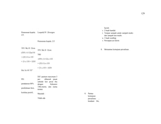 129
Penurunan kepala:
2/5.
TFU Mc.D: 32cm
(TFU-11/12)x155
= (32-11) x 155
= 21 x 155 = 3255
His:3x/10’/35”
PD :
pendataran 80%
pembukaan 8cm,
ketuban positif,
Leopold IV: Divergen
Penurunan kepala: 2/5
TFU Mc.D: 32cm
TBJ:
(TFU-11/12) x 155
= (32-11) x 155
= 21 x 155 = 3255
DJJ :puntum maximum 3
jari dibawah pusat
sebelah kiri perut ibu
dengan frekuensi
140x/menit, dan irama
teratut.
Masalah :
Tidak ada
8. Pantau
kemajuan
persalinan ,
keadaan ibu,
bersih.
s. 2 buah handuk
t. Tempat sampah untuk sampah medis
dan sampah non medis.
u. 3 buah washlap
v. Persiapan air klorin
8. Memantau kemajuan persalinan.
 