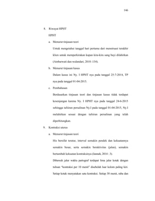 146
8. Riwayat HPHT
HPHT
a. Menurut tinjauan teori
Untuk mengetahui tanggal hari pertama dari menstruasi terakhir
klien untuk memperkirakan kapan kira-kira sang bayi dilahirkan
(Ambarwati dan wulandari, 2010 :134).
b. Menurut tinjauan kasus
Dalam kasus ini Ny. I HPHT nya pada tanggal 25-7-2014, TP
nya pada tanggal 01-04-2015.
c. Pembahasan
Berdasarkan tinjauan teori dan tinjauan kasus tidak terdapat
kesenjangan karena Ny. I HPHT nya pada tanggal 24-6-2015
sehingga tafsiran persalinan Ny.I pada tanggal 01-04-2015, Ny.I
melahirkan sesuai dengan tafsiran persalinan yang telah
diperhitungkan.
9. Kontraksi uterus
a. Menurut tinjauan teori
His bersifat teratur, interval semakin pendek dan kekuatannya
semakin besar, serta semakin beraktivitas (jalan), semakin
bertambah kekuatan kontraksinya (Jannah, 2014 : 3).
Dibawah jalur waktu partograf terdapat lima jalur kotak dengan
tulisan “kontraksi per 10 menit” disebelah luar kolom paling kiri.
Setiap kotak menyatakan satu kontraksi. Setiap 30 menit, raba dan
 