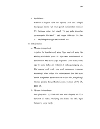 149
c. Pembahasan
Berdasarkan tinjauan teori dan tinjauan kasus tidak terdapat
kesenjangan karena Ny.I belum pernah mendapatkan imunisasi
TT. Sehingga status Ny.I adalah T0, dan pada kehamilan
pertamanya ini diberikan TT1 pada tanggal 14 Oktober 2014 dan
TT2 diberikan pada tanggal 14 November 2014.
11. Pola eliminasi
a. Menurut tinjauan teori
Anjurkan ibu dapat berkemih setiap 2 jam atau lebih sering jika
kandung kemih terasa penuh. Jika diperlukan, bantu ibu untuk ke
kamar mandi. Jika ibu tak dapat berjalan ke kamar mandi, bantu
agar ibu dapat duduk dan berkemih di wadah penampung air.,
Jika kandung kemih penuh yang penuh mengganggu penurunan
kepala bayi. Selain itu juga akan menambah rasa nyeri pada perut
bawah, menghambat penatalaksanaan distosia bahu, menghalangi
lahirnya plasenta dan perdarahan paska persalinan (JNPK-KR,
2008: 82).
b. Menurut tinjauan kasus
Dari pernyataan Ny.I berkemih saat ada keinginan dan Ny.I
berkemih di wadah penampung urin karena ibu tidak dapat
berjalan ke kamar mandi.
 
