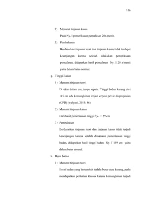 156
2) Menurut tinjauan kasus
Pada Ny. I pemeriksaan pernafasan 20x/menit.
3) Pembahasan
Berdasarkan tinjauan teori dan tinjauan kasus tidak terdapat
kesenjangan karena setelah dilakukan pemeriksaan
pernafasan, didapatkan hasil pernafasan Ny. I 20 x/menit
yaitu dalam batas normal.
g. Tinggi Badan
1) Menurut tinjauan teori
Di ukur dalam cm, tanpa sepatu. Tinggi badan kurang dari
145 cm ada kemungkinan terjadi cepalo pelvic disproposian
(CPD) (walyani, 2015: 86)
2) Menurut tinjauan kasus
Dari hasil pemeriksaan tinggi Ny. I 159 cm
3) Pembahasan
Berdasarkan tinjauan teori dan tinjauan kasus tidak terjadi
kesenjangan karena setelah dilakukan pemeriksaan tinggi
badan, didapatkan hasil tinggi badan Ny. I 159 cm yaitu
dalam batas normal.
h. Berat badan
1) Menurut tinjauan teori
Berat badan yang bertambah terlalu besar atau kurang, perlu
mendapatkan perhatian khusus karena kemungkinan terjadi
 