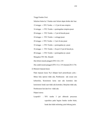 159
Tinggi Fundus Uteri
Sebelum bulan ke 3 fundus uteri belum dapat diraba dari luar.
12 minggu → TFU Teraba → 1-2 jari di atas simpisis
16 minggu → TFU Teraba → pertengahan simpisis-pusat
20 minggu → TFU Teraba → 3 jari di bawah pusat
24 minggu → TFU Teraba → setinggi pusat
28 minggu → TFU Teraba → 3 jari di atas pusat
32 minggu → TFU Teraba → pertengahan px -pusat
36 minggu → TFU Teraba → Se-px/2-3 jari di bawah px.
40 minggu → TFU Teraba → pertengahan px -pusat
Mengukur TFU Mc. Donald:
Jika belum masuk panggul (TFU-12) x 155
Jika sudah masuk panggul (TFU-11) x 155 (Jannah,2012:178)
2) Menurut tinjauan kasus
Pada tinjauan kasus Ny.I didapat hasil pemeriksaan yaitu :
Bekas luka operasi tidak ada, Pembesaran ada sesuai usia
kehamilan, Konsistensi keras saat ada kontraksi dan
konsistensi lunak saat tidak ada kontraksi, Benjolan tidak ada,
Pembesaran lien dan liver tidak ada.
Palpasi uterus
Leopold I : TFU teraba 3 jari dibawah processus
xypoideus pada bagian fundus teraba bulat,
lunak dan tidak melenting yaitu bokong janin.
 