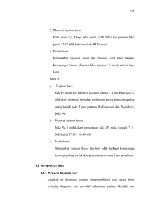 165
b. Menurut tinjauan kasus
Pada kasus Ny. I bayi lahir pukul 17.00 WIB dan plasenta lahir
pukul 17.15 WIB.Jadi lama kala III 15 menit.
c. Pembahasan
Berdasarkan tinjauan kasus dan tinjauan teori tidak terdapat
kesenjangan karena plasenta lahir spontan 15 menit setelah bayi
lahir.
Kala IV
a. Tinjauan teori
Kala IV mulai dari lahirnya plasenta selama 1-2 jam.Pada kala IV
dilakukan observasi terhadap perdarahan pasca persalinan,paling
sering terjadi pada 2 jam pertama (Sulistyawati dan Nugraheny,
2012: 9).
b. Menurut tinjauan kasus
Pada Ny. I melakukan pemantauan kala IV mulai tanggal 7 -4-
2015 pukul 17.30 – 19.30 wib.
c. Pembahasan
Berdasarkan tinjauan kasus dan teori tidak terdapat kesenjangan
karena penolong melakukan pemantauan selama 2 jam persalinan.
4.2 Interprestasi data
4.2.1 Menurut tinjauan teori
Langkah ini dilakukan dengan mengidentifikasi data secara benar
terhadap diagnosis atau masalah kebutuhan pasien. Masalah atau
 