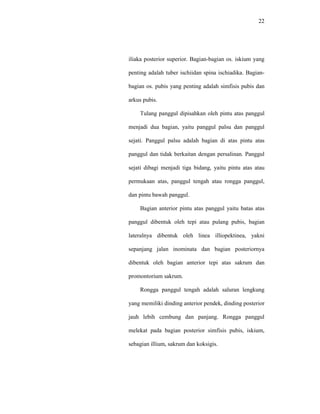 22
iliaka posterior superior. Bagian-bagian os. iskium yang
penting adalah tuber ischiidan spina ischiadika. Bagian-
bagian os. pubis yang penting adalah simfisis pubis dan
arkus pubis.
Tulang panggul dipisahkan oleh pintu atas panggul
menjadi dua bagian, yaitu panggul palsu dan panggul
sejati. Panggul palsu adalah bagian di atas pintu atas
panggul dan tidak berkaitan dengan persalinan. Panggul
sejati dibagi menjadi tiga bidang, yaitu pintu atas atau
permukaan atas, panggul tengah atau rongga panggul,
dan pintu bawah panggul.
Bagian anterior pintu atas panggul yaitu batas atas
panggul dibentuk oleh tepi atau pulang pubis, bagian
lateralnya dibentuk oleh linea illiopektinea, yakni
sepanjang jalan inominata dan bagian posteriornya
dibentuk oleh bagian anterior tepi atas sakrum dan
promontorium sakrum.
Rongga panggul tengah adalah saluran lengkung
yang memiliki dinding anterior pendek, dinding posterior
jauh lebih cembung dan panjang. Rongga panggul
melekat pada bagian posterior simfisis pubis, iskium,
sebagian illium, sakrum dan koksigis.
 